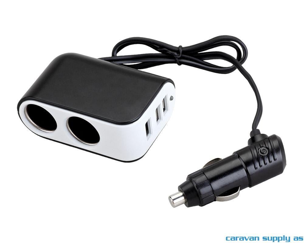 12V adapter uni plugg --> 2 x uni + USB m/LEDlys - Welovecamping